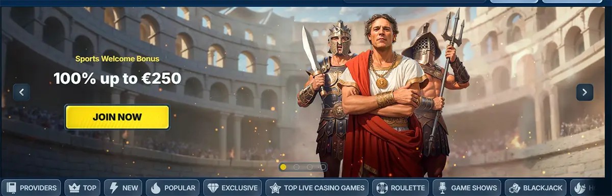 Casino homepage banner promoting a “Sports Welcome Bonus 100% up to €250” with a yellow “Join Now” button, set in a Roman colosseum scene with three gladiator-style characters, and category tabs below for providers, top, new, popular, roulette, game shows and blackjack.
