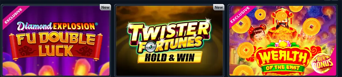 Casino lobby row showing three featured slot tiles: “Diamond Explosion Fu Double Luck” (exclusive), “Twister Fortunes Hold & Win” (new), and “Wealth of the East” (exclusive), displayed as colourful cover art cards.