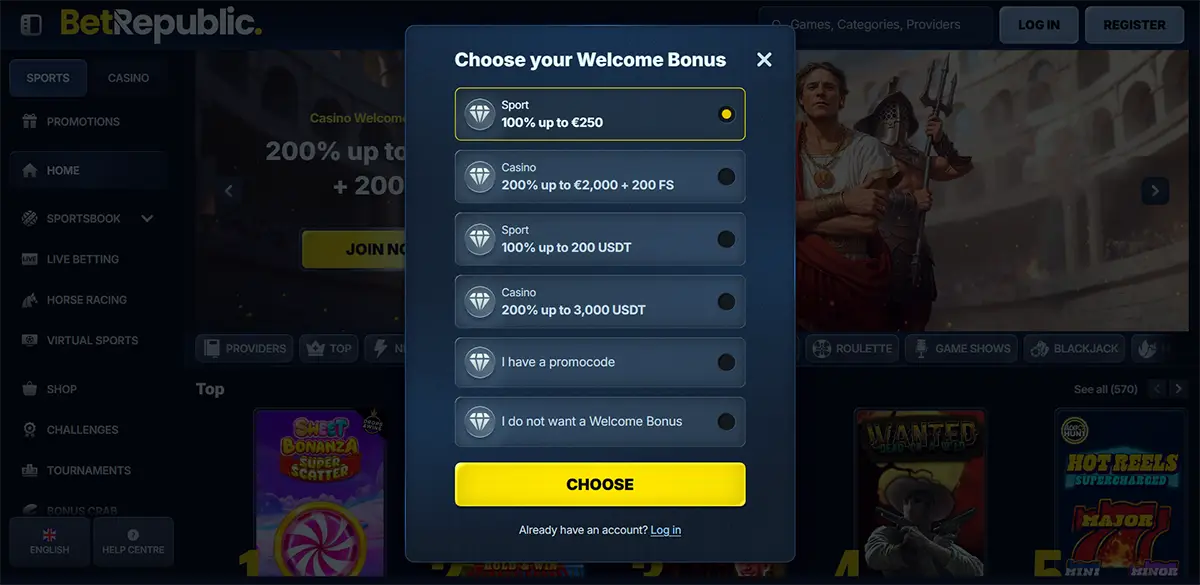 BetRepublic screenshot with a modal titled “Choose your Welcome Bonus,” listing selectable Sports and Casino offers (e.g., 100% up to €250, 200% up to €2,000 + 200 FS, 100% up to 200 USDT, 200% up to 3,000 USDT), plus promo code and “no welcome bonus” options, and a large yellow “Choose” button.